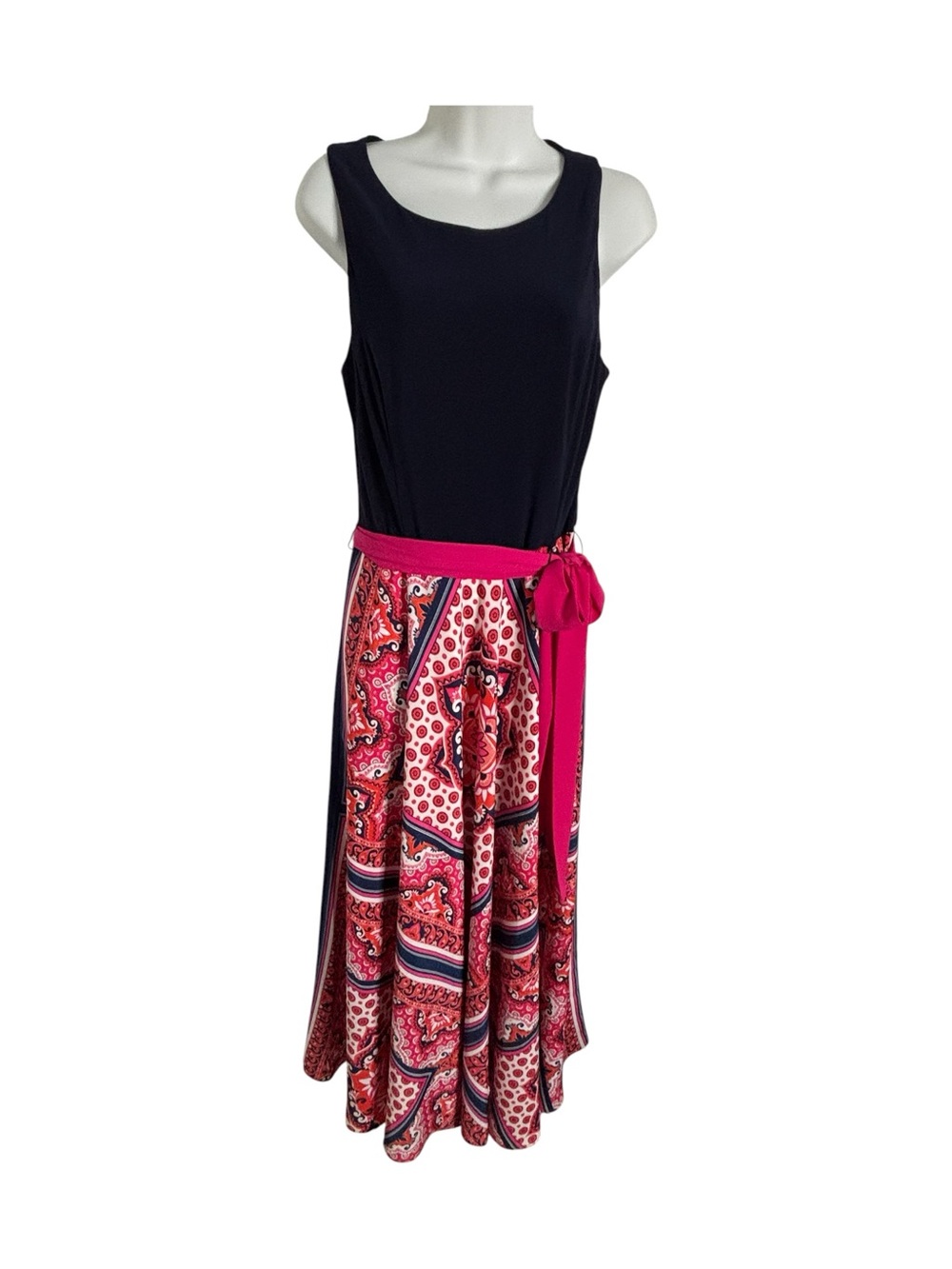 Sleeveless Navy Top with Pink Paisley Maxi Skirt Eliza J. Sz 14